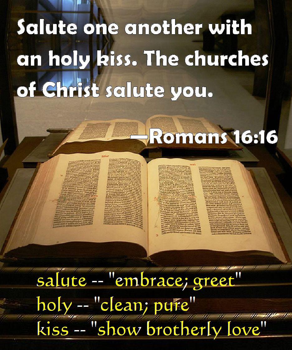 Romans 16:16 graphic: embrace, holy kiss